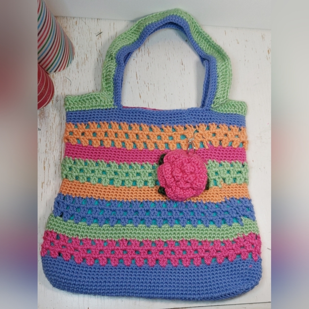 Colorful Stripes Purse Crochet Handmade Handbag Lined Pocket Boho Shoulder Bag